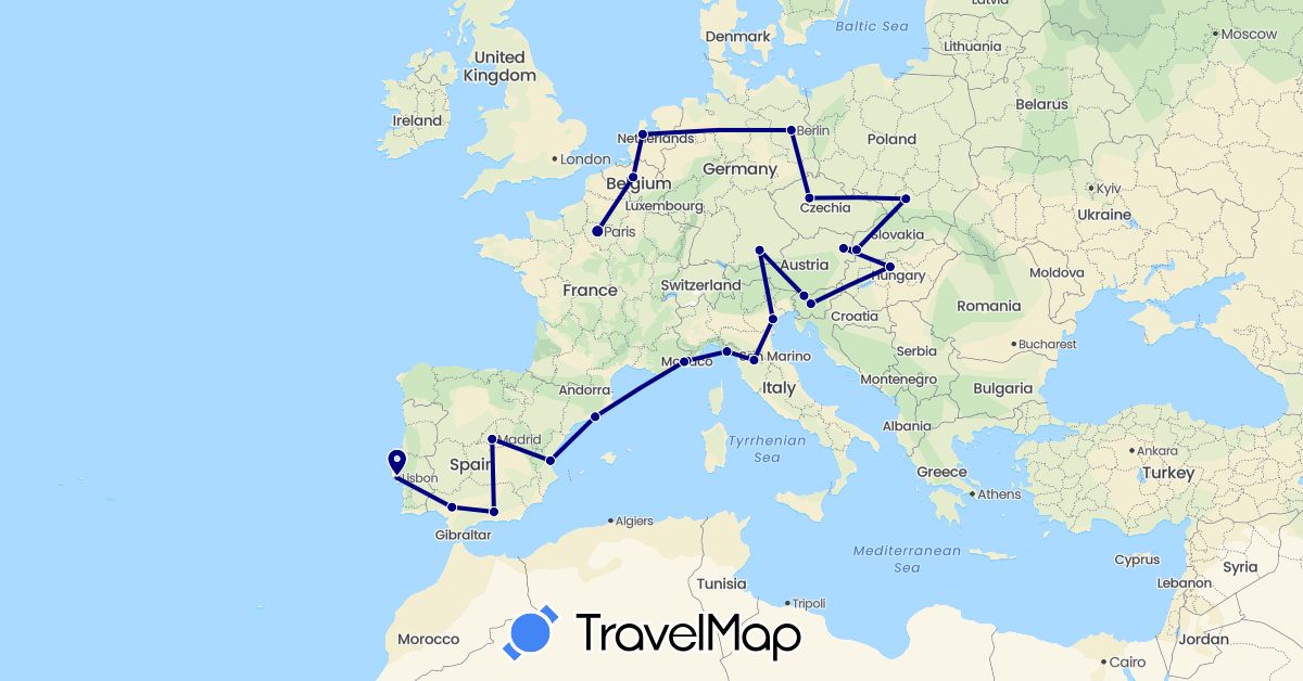 TravelMap itinerary: driving in Austria, Belgium, Czech Republic, Germany, Spain, France, Hungary, Italy, Monaco, Netherlands, Poland, Portugal, Slovenia, Slovakia (Europe)